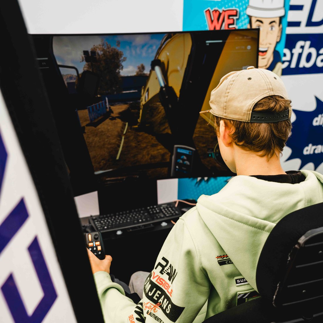 Messebesucher am Joystick des Baggersimulators vor dem Bildschirm mit der virtuellen Baustelle