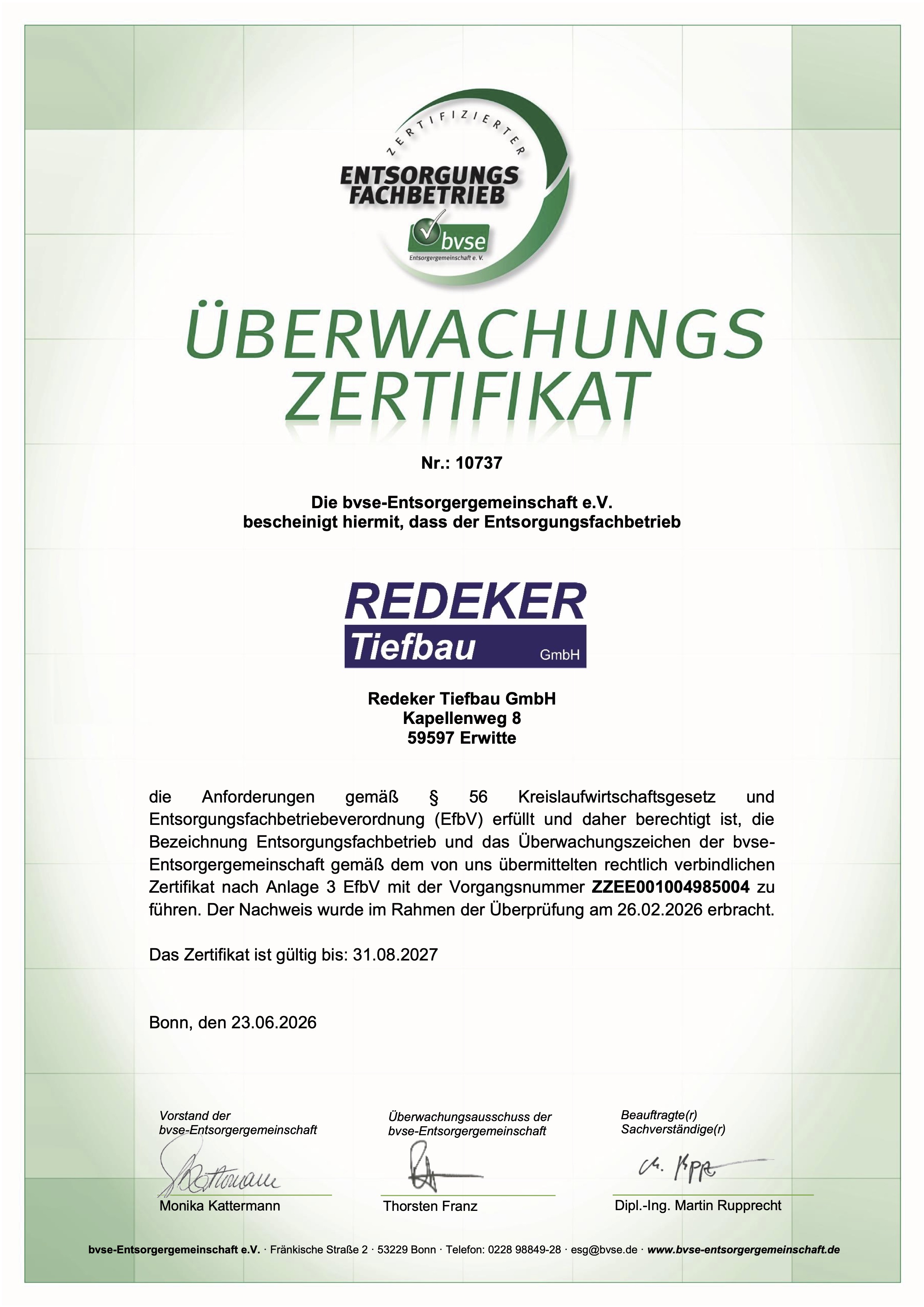 Überwachungszertifikat Entsorgungsfachbetrieb