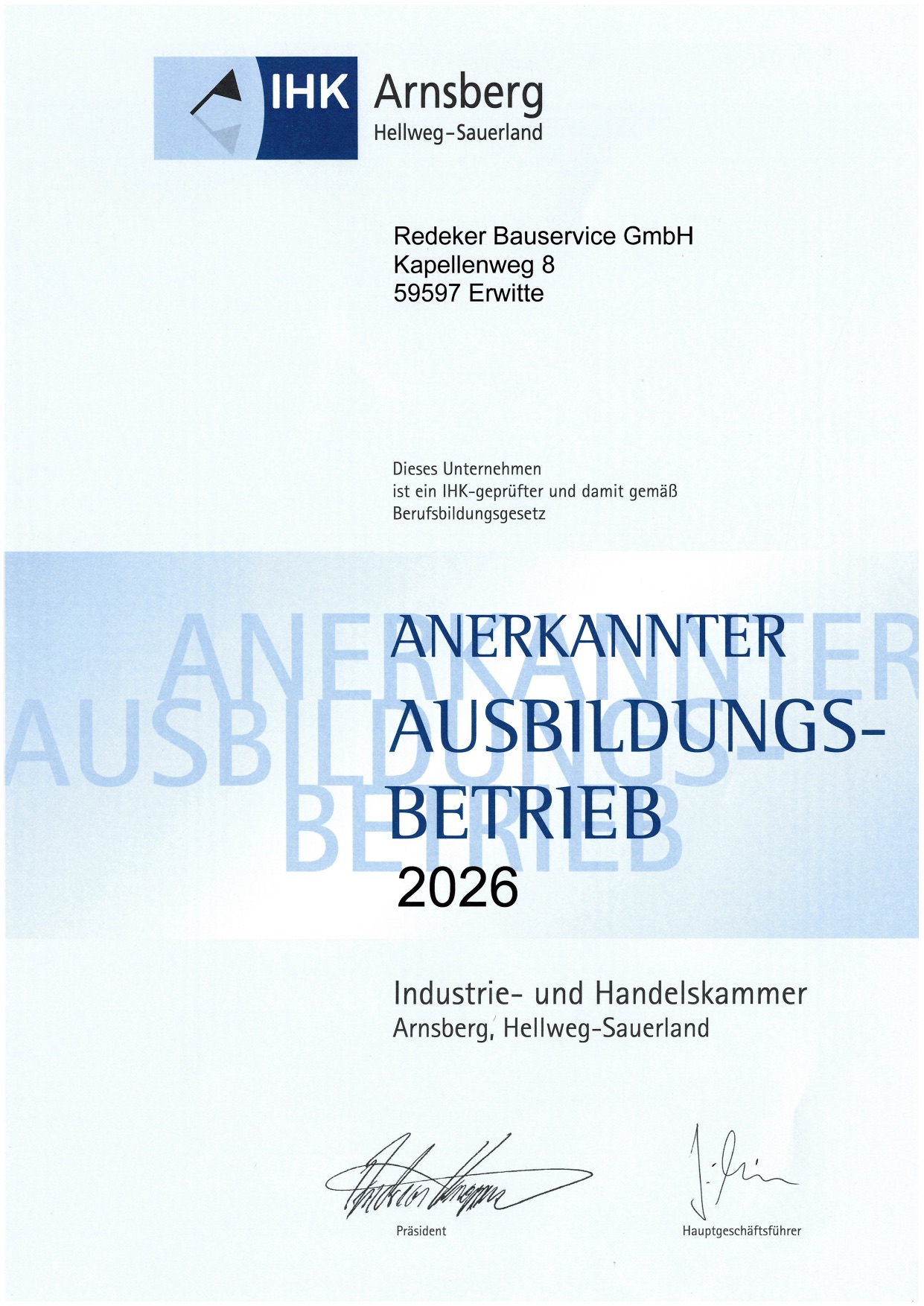 Anerkannter Ausbildungsbetrieb 2026 – IHK Arnsberg Hellweg-Sauerland